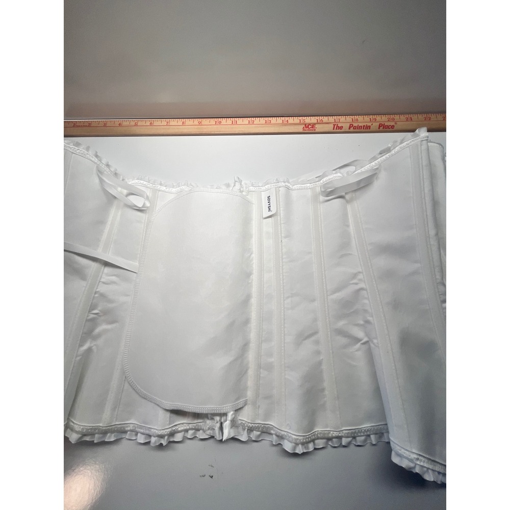 White Brocade Corset Bustier Lace Trim Ribbon Tie Boned Cincher Wtchycore Small - Picture 6 of 7
